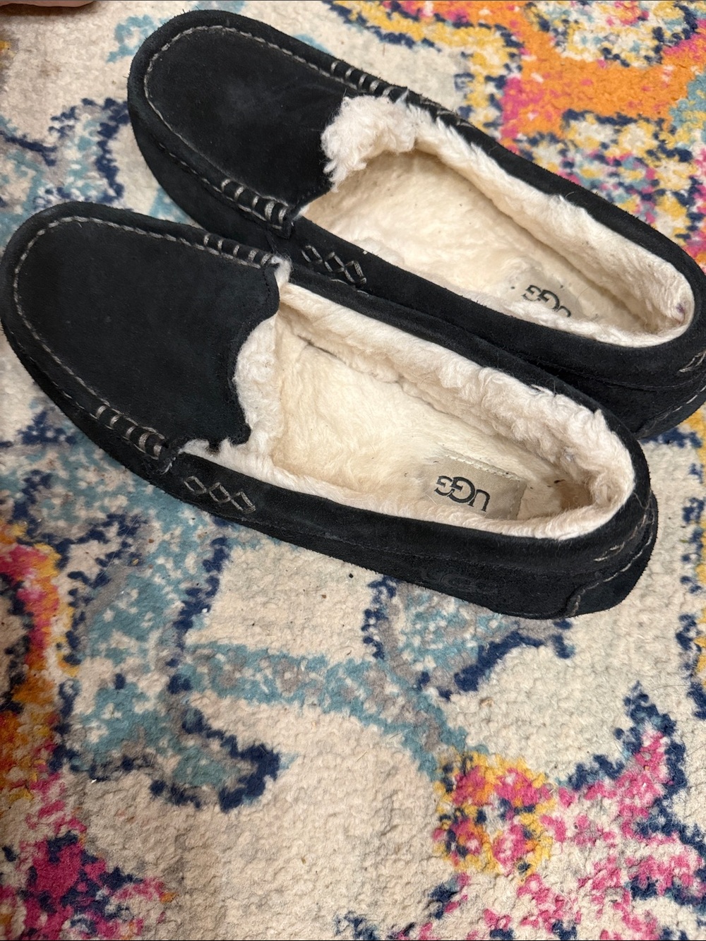 UGG Black Suede Shearling-Lined Slip-On Loafers